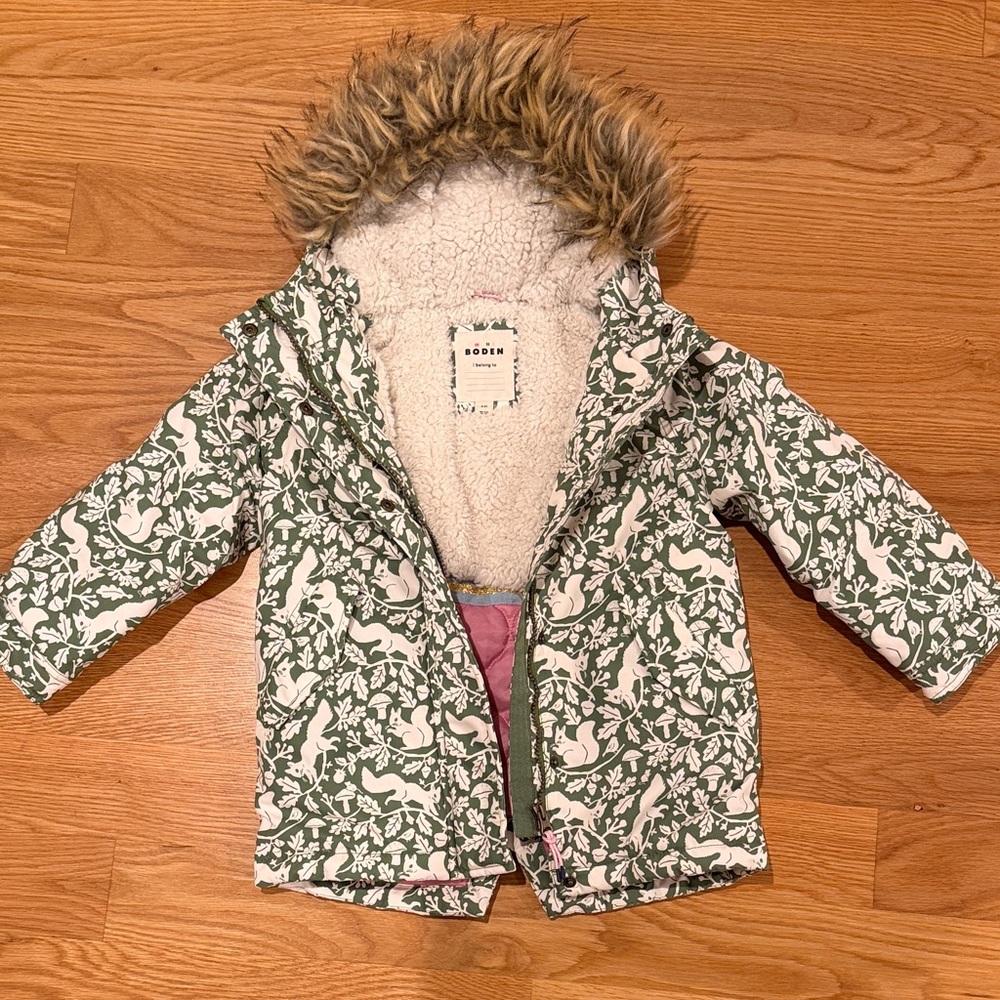 Mini Boden Girls' Green Woodland Print Hooded Coat with Faux Fur Trim